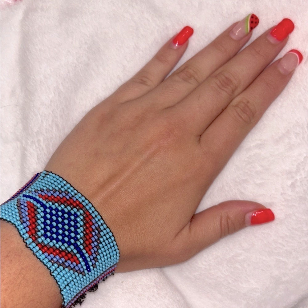 Handcrafted Blue Beaded cuff aztec Bracelet with wear
